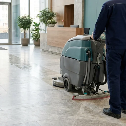 Commercial floor scrubber in an office building lobby
