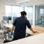 Cleaner wiping a desk in a commercial office