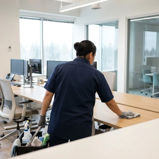 Cleaner wiping a desk in a commercial office