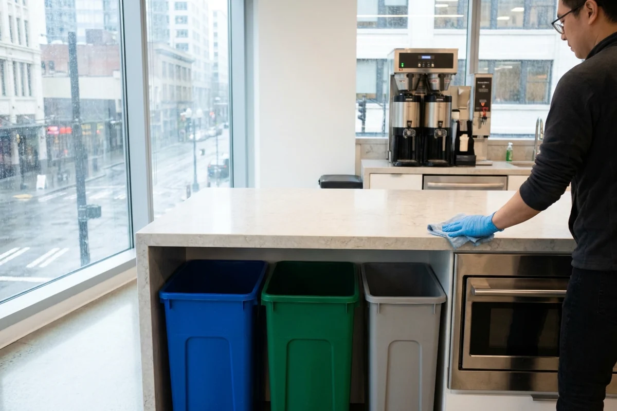 Worker wiping a shared kitchenette counter above separate waste containers