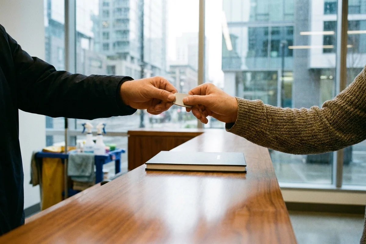 Two people exchanging an unmarked access fob over a reception counter