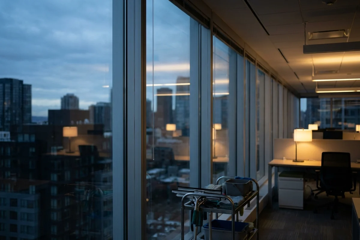 Office window wall admitting blue winter dusk light beside a neatly stored trolley
